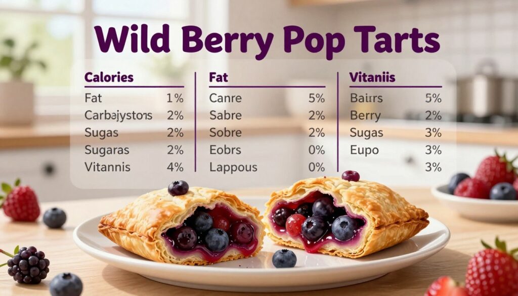 A vibrant and detailed illustration of nutritional information for Wild Berry Pop Tarts. In the foreground, an elegantly arranged plate of two partially unwrapped Pop Tarts shows their flaky crust and colorful wild berry filling. In the middle, a clean, infographic-style presentation of nutritional facts, including calories, fat, carbohydrates, sugars, and vitamins, is artistically woven around the pastries to emphasize their context. In the background, a softly blurred kitchen setting with warm, natural light filtering through a window enhances the homely atmosphere. The colors are bright and inviting, focusing on deep purples and reds, evoking the berry theme, while ensuring the overall mood is informative yet appetizing, perfect for an engaging article about this popular snack.