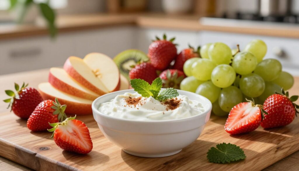 A vibrant and inviting scene featuring a healthy fruit dip display. In the foreground, a small, artisanal bowl filled with a creamy yogurt-based dip, garnished with a sprinkle of cinnamon and a few mint leaves, sits elegantly on a rustic wooden table. Surrounding the bowl, an array of fresh, colorful fruits such as strawberries, apple slices, kiwi, and grapes are artistically arranged, showcasing their textures and hues. In the middle ground, soft natural lighting illuminates the fruits, casting gentle shadows that enhance the freshness of the scene. The background features a blurred kitchen setting, conveying a warm and homey atmosphere, with subtle hints of greenery from potted herbs. The mood is cheerful and inviting, perfect for a healthy snack option. A vibrant and inviting scene featuring a healthy fruit dip display. In the foreground, a small, artisanal bowl filled with a creamy yogurt-based dip, garnished with a sprinkle of cinnamon and a few mint leaves, sits elegantly on a rustic wooden table. Surrounding the bowl, an array of fresh, colorful fruits such as strawberries, apple slices, kiwi, and grapes are artistically arranged, showcasing their textures and hues. In the middle ground, soft natural lighting illuminates the fruits, casting gentle shadows that enhance the freshness of the scene. The background features a blurred kitchen setting, conveying a warm and homey atmosphere, with subtle hints of greenery from potted herbs. The mood is cheerful and inviting, perfect for a healthy snack option.
