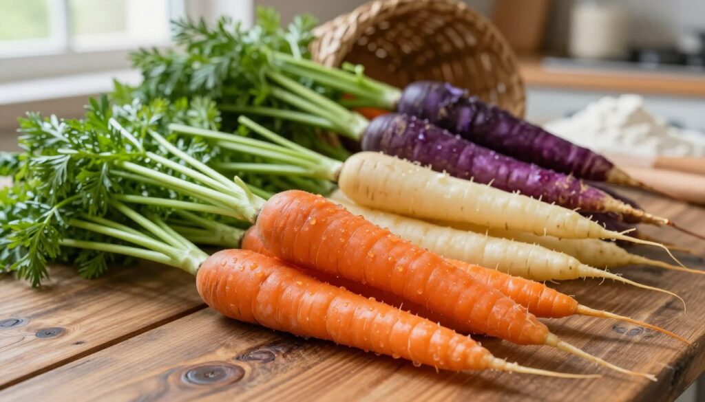 A vibrant arrangement of fresh carrots on a rustic wooden table, showcasing a variety of colors including bright orange, deep purple, and kohlrabi-style white carrots, all with fresh green tops still attached. The foreground features a bunch of the freshest carrots, glistening with dew to emphasize their freshness. In the middle ground, slightly blurred, there are additional carrots spilling out of a woven basket, hinting at abundance. The background fades into a softly lit kitchen environment with hints of flour and baking tools, creating a warm, inviting atmosphere. The scene is illuminated by natural light filtering through a window, casting gentle shadows and highlighting the textures of the carrots. The mood is cheerful and homey, inspiring a sense of wholesome cooking. A vibrant arrangement of fresh carrots on a rustic wooden table, showcasing a variety of colors including bright orange, deep purple, and kohlrabi-style white carrots, all with fresh green tops still attached. The foreground features a bunch of the freshest carrots, glistening with dew to emphasize their freshness. In the middle ground, slightly blurred, there are additional carrots spilling out of a woven basket, hinting at abundance. The background fades into a softly lit kitchen environment with hints of flour and baking tools, creating a warm, inviting atmosphere. The scene is illuminated by natural light filtering through a window, casting gentle shadows and highlighting the textures of the carrots. The mood is cheerful and homey, inspiring a sense of wholesome cooking.