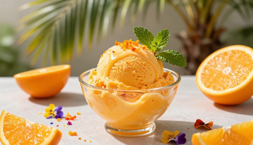 A vibrant citrus dessert scene showcasing orange ice cream served in a stylish, transparent bowl. In the foreground, the creamy, bright orange ice cream has a glossy sheen, garnished with fresh orange zest and mint leaves. Surrounding the bowl are slices of juicy oranges and a sprinkle of colorful edible flowers, adding a pop of color. In the middle background, a sunlit outdoor table is set up under a palm tree, with a blurred palm leaf creating a soft frame. The sunlight filters through, casting a warm, inviting glow over the scene. The atmosphere is refreshing and cheerful, capturing the essence of summer. The image should be taken from a slightly elevated angle to emphasize the delicious textures and vibrant colors.