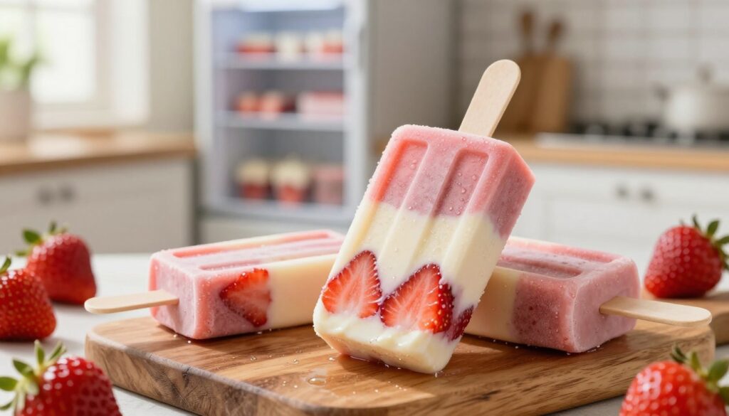 A vibrant, close-up image of beautifully arranged frozen strawberry shortcake ice cream bars, showcasing their creamy texture and vibrant pink strawberry layers. In the foreground, two ice cream bars are placed on a rustic wooden board, glistening with condensation, with fresh strawberries scattered around. The middle layer features a backdrop of a softly blurred kitchen setting, with a well-organized freezer in soft-focus, and subtle hints of kitchen utensils. The background includes a sunlit window casting warm, natural light over the scene, creating a bright and inviting atmosphere. The composition should be shot from a slightly elevated angle to capture the delightful details of the dessert, emphasizing its deliciousness while evoking a sense of homemade charm and freshness.
