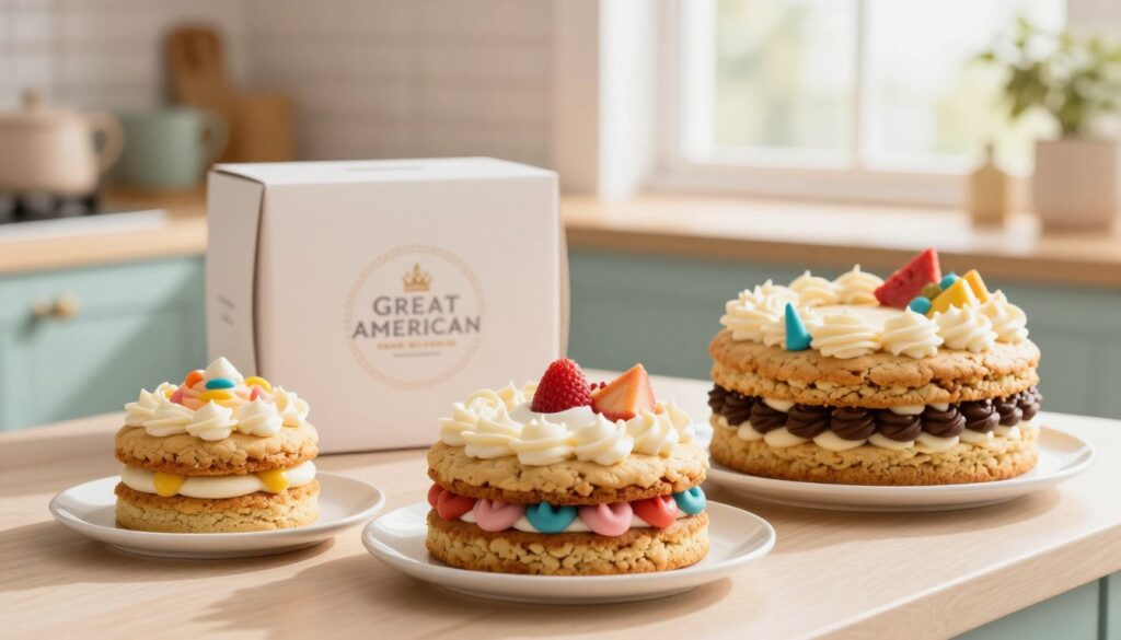 A visually appealing display of Great American Cookie Cakes, showcasing various size options available for delivery. In the foreground, feature three stacked cookie cakes of different sizes—small, medium, and large—each adorned with vibrant frosting and decorative toppings, set on elegant white plates. The middle ground includes a blurred pastry box with the company logo, hinting at delivery. In the background, soft pastel-colored kitchen elements and a soft-focus window allow warm natural light to spill in, creating a cozy atmosphere. The scene should convey a welcoming and delightful mood, emphasizing the indulgent qualities of these delicious cookie cakes, with soft shadows adding depth and realism. A visually appealing display of Great American Cookie Cakes, showcasing various size options available for delivery. In the foreground, feature three stacked cookie cakes of different sizes—small, medium, and large—each adorned with vibrant frosting and decorative toppings, set on elegant white plates. The middle ground includes a blurred pastry box with the company logo, hinting at delivery. In the background, soft pastel-colored kitchen elements and a soft-focus window allow warm natural light to spill in, creating a cozy atmosphere. The scene should convey a welcoming and delightful mood, emphasizing the indulgent qualities of these delicious cookie cakes, with soft shadows adding depth and realism.