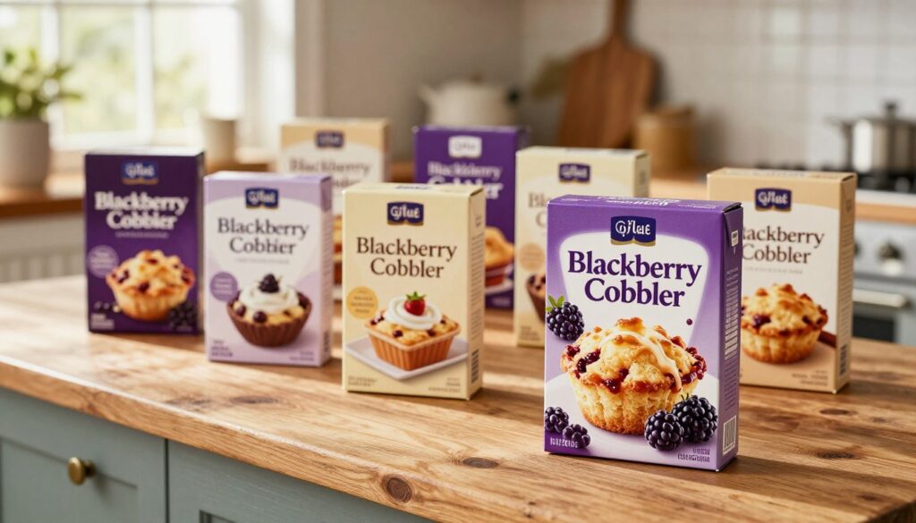 A visually appealing display of various cake mix brands specifically designed for blackberry cobbler, arranged on a rustic wooden kitchen counter. In the foreground, focus on a vibrant box of blackberry cobbler cake mix, its packaging showcasing mouthwatering graphics of ripe blackberries and warm, buttery cobbler. In the middle ground, include a selection of other popular cake mix boxes, artfully arranged to suggest variety, featuring colors like deep purple and creamy beige. The background reveals a softly blurred kitchen setting with natural sunlight streaming through a window, casting a warm glow that enhances the inviting atmosphere. The overall mood is cozy and homely, enticing the viewer to feel inspired to bake delicious desserts. A visually appealing display of various cake mix brands specifically designed for blackberry cobbler, arranged on a rustic wooden kitchen counter. In the foreground, focus on a vibrant box of blackberry cobbler cake mix, its packaging showcasing mouthwatering graphics of ripe blackberries and warm, buttery cobbler. In the middle ground, include a selection of other popular cake mix boxes, artfully arranged to suggest variety, featuring colors like deep purple and creamy beige. The background reveals a softly blurred kitchen setting with natural sunlight streaming through a window, casting a warm glow that enhances the inviting atmosphere. The overall mood is cozy and homely, enticing the viewer to feel inspired to bake delicious desserts.