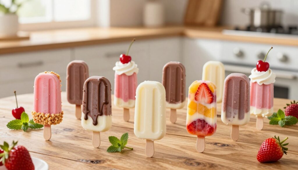 A visually stunning arrangement of creative variations of strawberry shortcake ice cream bars, placed artistically on a rustic wooden table. In the foreground, feature a selection of uniquely designed ice cream bars, like a strawberry-flavored bar with a crumbly shortcake coating, a vanilla variation drizzled with chocolate, and a colorful one layered with fresh fruit slices. The middle ground showcases an assortment of garnishes like whipped cream, maraschino cherries, and mint leaves. In the background, a sunlit kitchen setting with blurred out baking tools adds to the atmosphere of a warm, inviting home. Soft, natural lighting enhances the vibrant colors of the ice cream, creating a cheerful and appetizing mood, perfect for dessert lovers.