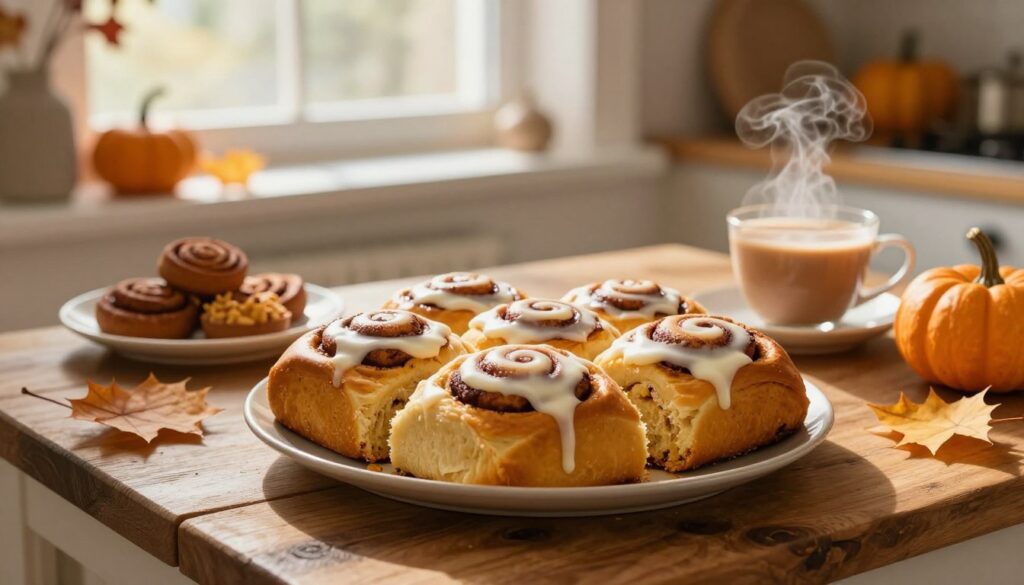 A warm and inviting kitchen scene, featuring a freshly baked batch of homemade pumpkin cinnamon rolls on a rustic wooden table. The rolls are golden brown, topped with a light drizzle of cream cheese icing, and surrounded by autumn leaves and small pumpkins to emphasize the fall theme. In the background, soft morning sunlight streams through a window, casting a gentle glow and illuminating the cozy space filled with inviting fall decorations. A plate of cinnamon rolls is accompanied by a cup of steaming spiced chai. The image should evoke a sense of warmth and comfort, embodying the essence of cozy fall mornings with a focus on delicious homemade treats. A warm and inviting kitchen scene, featuring a freshly baked batch of homemade pumpkin cinnamon rolls on a rustic wooden table. The rolls are golden brown, topped with a light drizzle of cream cheese icing, and surrounded by autumn leaves and small pumpkins to emphasize the fall theme. In the background, soft morning sunlight streams through a window, casting a gentle glow and illuminating the cozy space filled with inviting fall decorations. A plate of cinnamon rolls is accompanied by a cup of steaming spiced chai. The image should evoke a sense of warmth and comfort, embodying the essence of cozy fall mornings with a focus on delicious homemade treats.