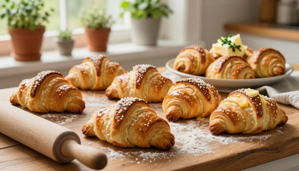 A warm, inviting kitchen scene featuring an array of freshly baked homemade crescent roll treats arranged on a rustic wooden table. The crescent rolls are beautifully golden-brown, some sprinkled with sea salt, while others are brushed with melted butter, giving them a glossy finish. In the foreground, a rolling pin and scattered flour create an atmosphere of recent baking activity. The middle ground showcases a plate of warm rolls with a side of fresh herb butter melting atop. In the background, soft, natural light filters through a window, illuminating vibrant potted herbs on the windowsill, enhancing a cozy, homely feel. The overall mood is warm and inviting, perfect for inspiring readers to create their own delightful crescent roll recipes.